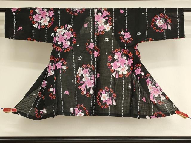 平和屋着物＊夏物　子供　女の子　甚平　上衣　花丸文　百合　黒地　綿　逸品　AABJ5675ja