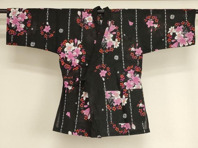 平和屋着物＊夏物　子供　女の子　甚平　上衣　花丸文　百合　黒地　綿　逸品　AABJ5675ja