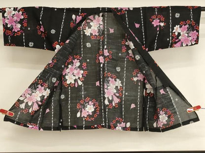 平和屋着物＊夏物　子供　女の子　甚平　上衣　花丸文　百合　黒地　綿　逸品　AABJ5675ja