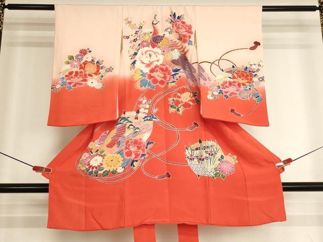 平和屋着物[]お宮参り　女の子　祝着　産着　初着　のしめ　型染め　孔雀花文　暈し染め　金彩　正絹　逸品　AABJ5677ja