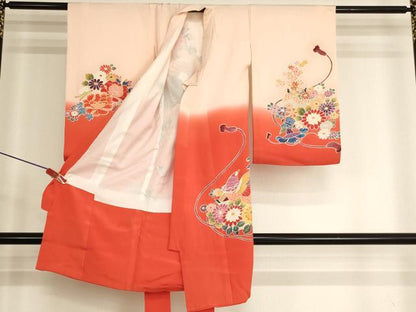 平和屋着物[]お宮参り　女の子　祝着　産着　初着　のしめ　型染め　孔雀花文　暈し染め　金彩　正絹　逸品　AABJ5677ja