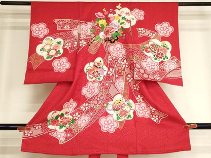 平和屋着物[]お宮参り　女の子　祝着　産着　初着　のしめ　絞り　刺繍　花車文　金糸　金彩　正絹　逸品　AABJ5678ja