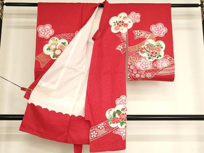 平和屋着物[]お宮参り　女の子　祝着　産着　初着　のしめ　絞り　刺繍　花車文　金糸　金彩　正絹　逸品　AABJ5678ja