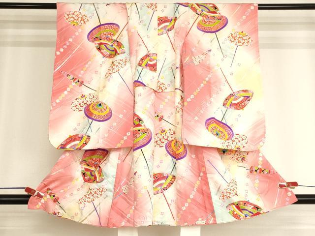 平和屋着物[]七五三　女の子　３歳　祝着　三つ身　和傘　暈し染め　金銀彩　正絹　逸品　AABJ5679ja