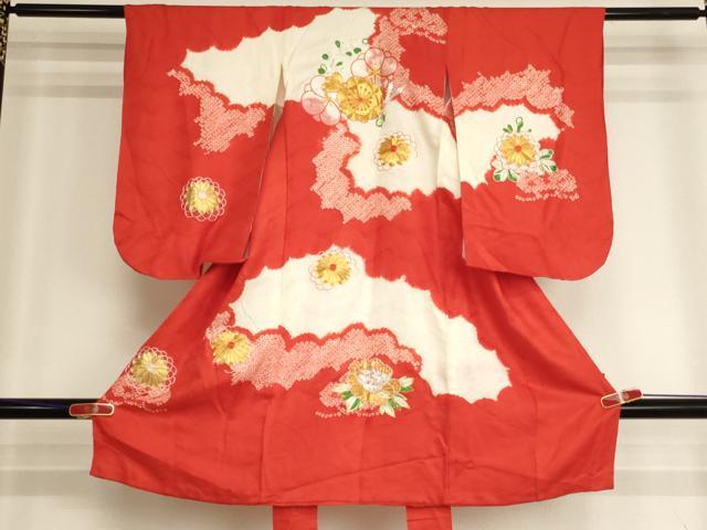 平和屋着物[]七五三　女の子　３歳　祝着　三つ身　絞り　駒刺繍　舞花文　正絹　逸品　AABJ5680ja