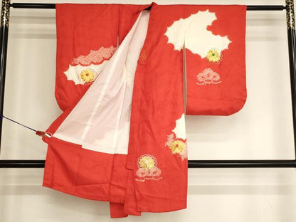 平和屋着物[]七五三　女の子　３歳　祝着　三つ身　絞り　駒刺繍　舞花文　正絹　逸品　AABJ5680ja