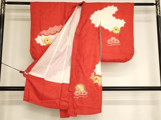平和屋着物[]七五三　女の子　３歳　祝着　三つ身　絞り　駒刺繍　舞花文　正絹　逸品　AABJ5680ja