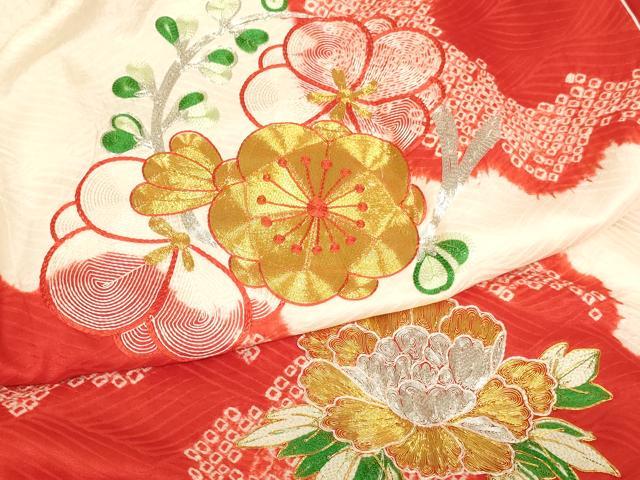平和屋着物[]七五三　女の子　３歳　祝着　三つ身　絞り　駒刺繍　舞花文　正絹　逸品　AABJ5680ja
