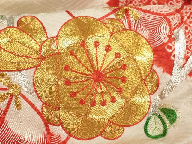 平和屋着物[]七五三　女の子　３歳　祝着　三つ身　絞り　駒刺繍　舞花文　正絹　逸品　AABJ5680ja