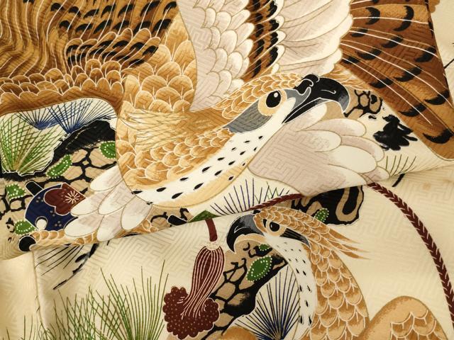 平和屋着物[]お宮参り　男の子　祝着　産着　初着　のしめ　鷹　松　金彩　逸品　未使用　AABJ5681ja