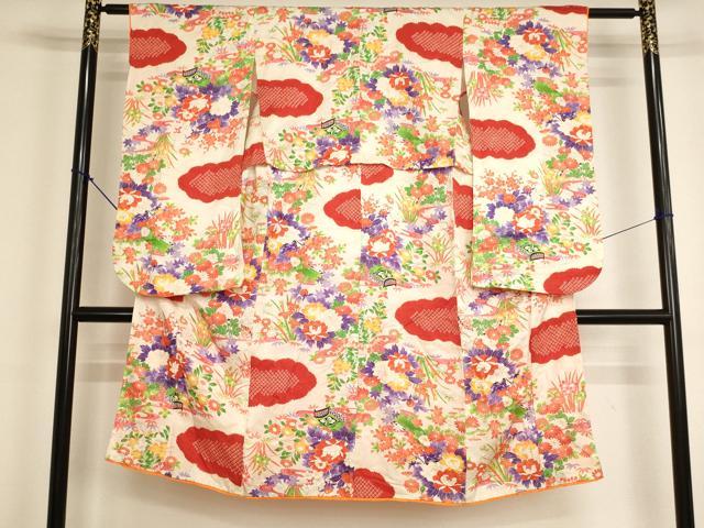 平和屋着物[]七五三　女の子　７歳　祝着　四つ身　絞り　草花文　金彩　正絹　逸品　AABJ5687ja
