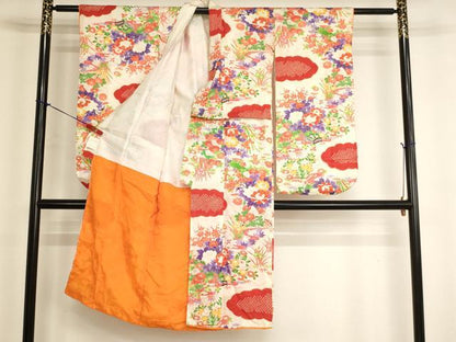 平和屋着物[]七五三　女の子　７歳　祝着　四つ身　絞り　草花文　金彩　正絹　逸品　AABJ5687ja