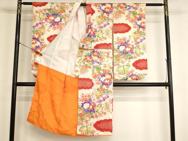 平和屋着物[]七五三　女の子　７歳　祝着　四つ身　絞り　草花文　金彩　正絹　逸品　AABJ5687ja