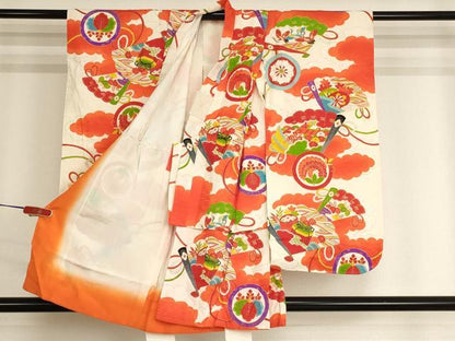 平和屋着物[]アンティーク　大正ロマン　七五三　女の子　３歳　祝着　三つ身　檜扇花丸文　金彩　正絹　逸品　AABJ5688ja