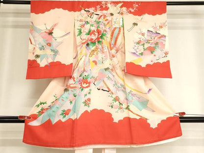 平和屋着物[]お宮参り　女の子　祝着　産着　初着　のしめ　几帳飛鶴花文　金彩　正絹　逸品　AABJ5691ja