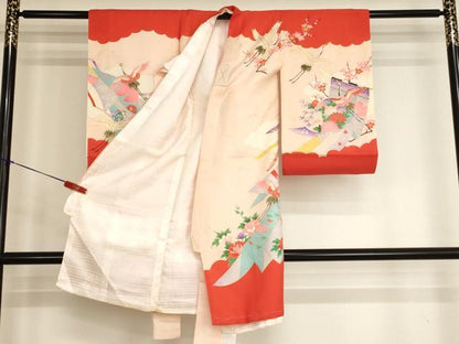 平和屋着物[]お宮参り　女の子　祝着　産着　初着　のしめ　几帳飛鶴花文　金彩　正絹　逸品　AABJ5691ja