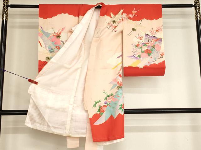 平和屋着物[]お宮参り　女の子　祝着　産着　初着　のしめ　几帳飛鶴花文　金彩　正絹　逸品　AABJ5691ja