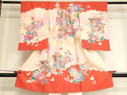 平和屋着物[]お宮参り　女の子　祝着　産着　初着　のしめ　扇面花蝶文　暈し染め　金彩　逸品　AABJ5693ja