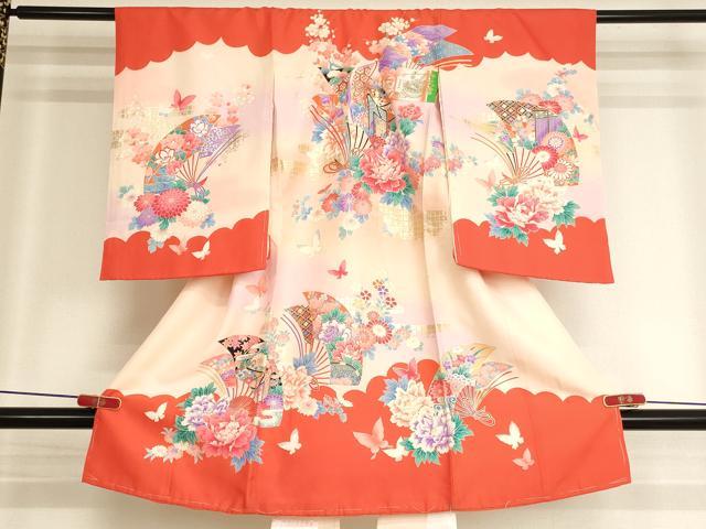 平和屋着物[]お宮参り　女の子　祝着　産着　初着　のしめ　扇面花蝶文　暈し染め　金彩　逸品　AABJ5693ja
