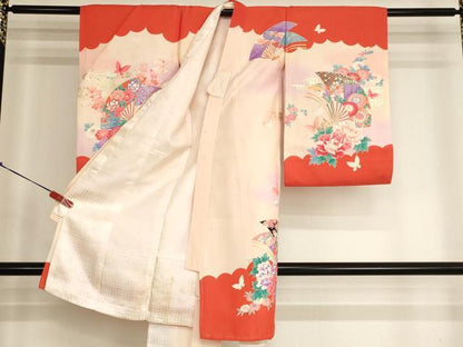 平和屋着物[]お宮参り　女の子　祝着　産着　初着　のしめ　扇面花蝶文　暈し染め　金彩　逸品　AABJ5693ja