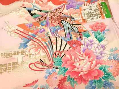 平和屋着物[]お宮参り　女の子　祝着　産着　初着　のしめ　扇面花蝶文　暈し染め　金彩　逸品　AABJ5693ja