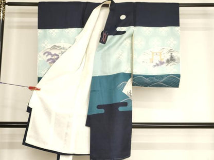 平和屋着物[]お宮参り　男の子　祝着　産着　初着　のしめ　刺繍　兜　地紙風景文　金糸　逸品　AABJ5694ja