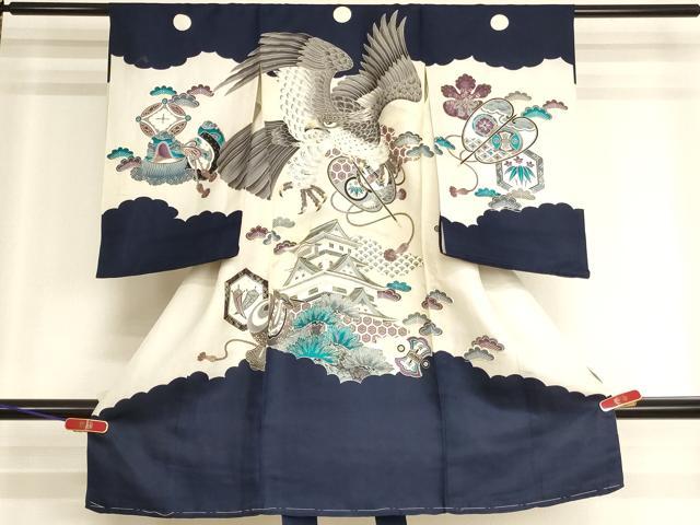 平和屋着物[]お宮参り　男の子　祝着　産着　初着　のしめ　鷹　風景松文　金彩　正絹　逸品　AABJ5697ja