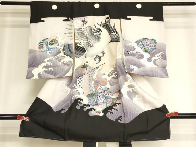 平和屋着物[]お宮参り　男の子　祝着　産着　初着　のしめ　駒刺繍　鷹　立波宝船文　銀彩　逸品　AABJ5698ja