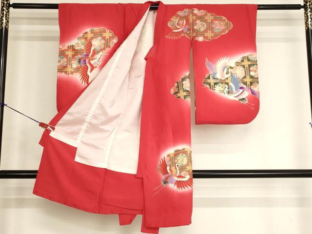 平和屋着物[]七五三　女の子　３歳　祝着　一つ身　長襦袢・行灯袴セット　駒刺繍　雲取り飛鶴天井文　暈し染め　金彩　逸品　AABJ5705ja