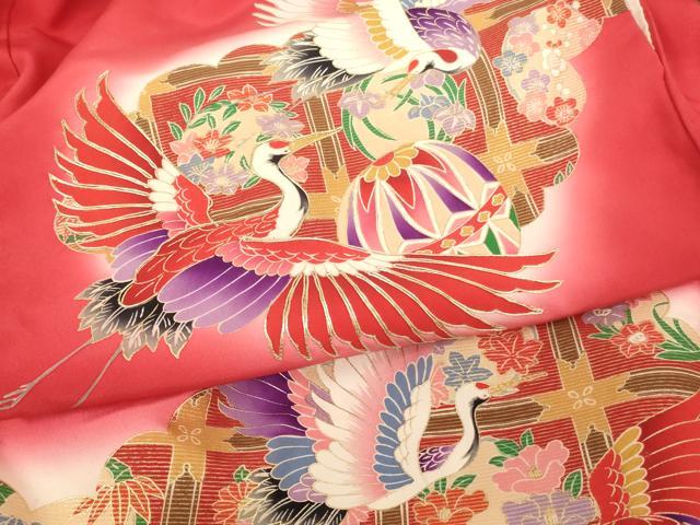 平和屋着物[]七五三　女の子　３歳　祝着　一つ身　長襦袢・行灯袴セット　駒刺繍　雲取り飛鶴天井文　暈し染め　金彩　逸品　AABJ5705ja