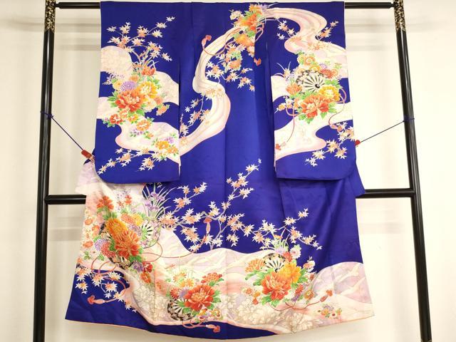 平和屋着物[]七五三　女の子　７歳　祝着　四つ身　駒刺繍　源氏車花文　金彩　正絹　逸品　AABJ5706ja
