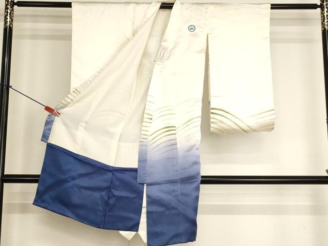 平和屋着物[]七五三　男の子　一つ身　祝着・長襦袢(袷)・行灯袴・小物セット　手描き　刺繍　飛鶴風景文　金銀彩　金糸　逸品　AABJ5712ja