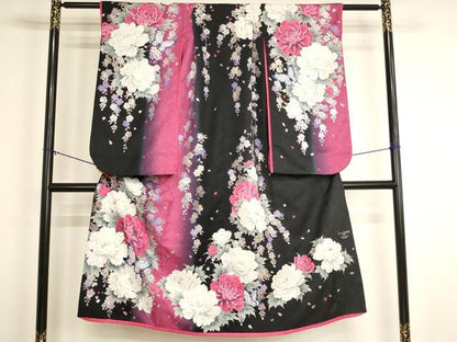 平和屋着物[]七五三　女の子　７歳　祝着　BLUECROSS　牡丹舞蝶文　暈し染め　黒地　銀彩　銀通し地　洗える着物　AABJ5714ja