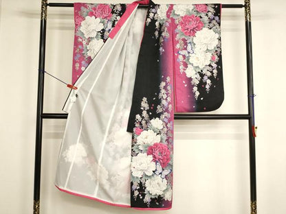 平和屋着物[]七五三　女の子　７歳　祝着　BLUECROSS　牡丹舞蝶文　暈し染め　黒地　銀彩　銀通し地　洗える着物　AABJ5714ja