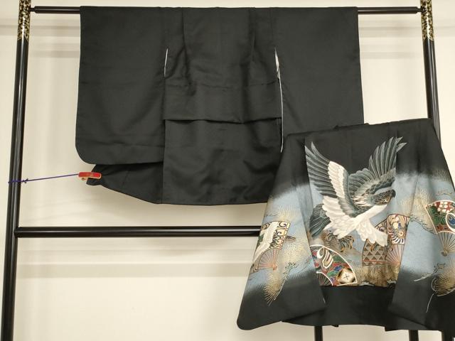 平和屋着物[]七五三　男の子　祝着・羽織セット　鷹　舞扇松文　黒地　金彩　AABJ5716ja