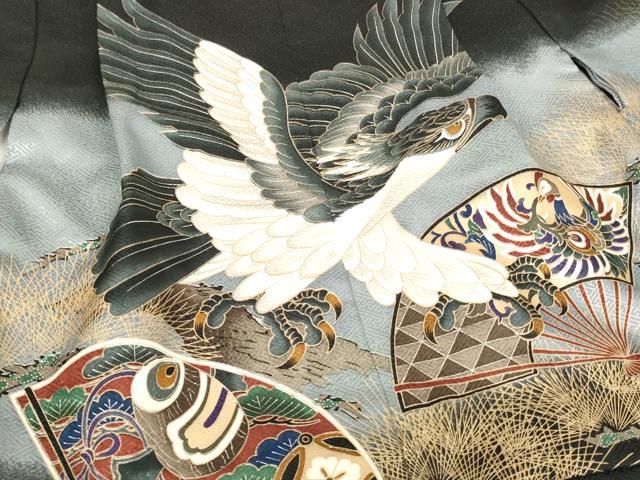 平和屋着物[]七五三　男の子　祝着・羽織セット　鷹　舞扇松文　黒地　金彩　AABJ5716ja