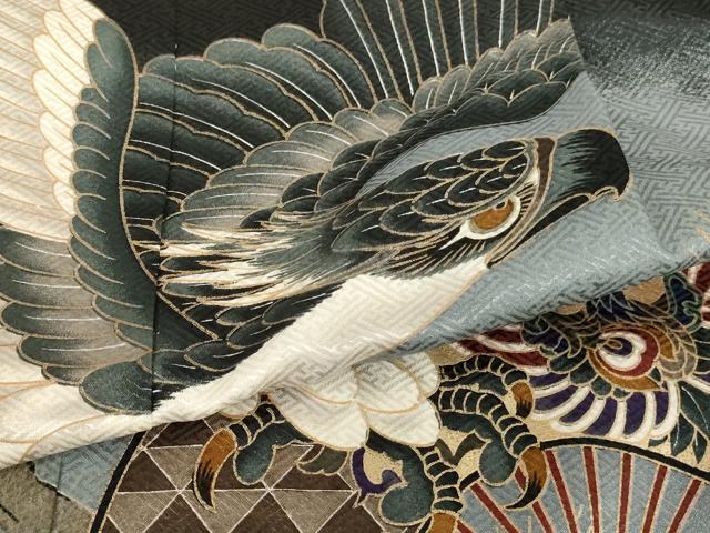 平和屋着物[]七五三　男の子　祝着・羽織セット　鷹　舞扇松文　黒地　金彩　AABJ5716ja