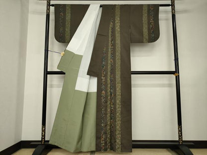 平和屋着物●本場大島紬　染大島　訪問着　刺繍　更紗花鳥間道　金糸　正絹　逸品　AABJ5732ck