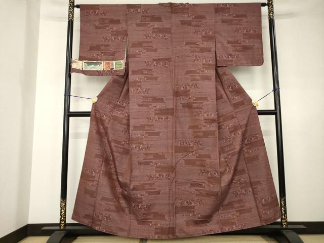 平和屋着物●東京の老舗呉服問屋　菱一　小千谷紬　横段花鳥文　証紙付き　正絹　逸品　AABJ5749ck