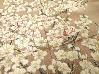 平和屋着物●豪華色留袖　手描き　刺繍　枝梅文　たたき染め　金彩　正絹　逸品　AABJ5757ck
