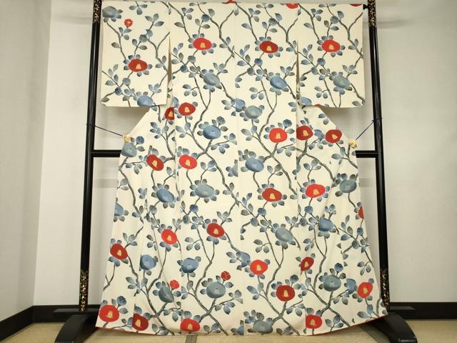 平和屋着物●上質な小紋　型染め　枝椿　正絹　逸品　AABJ5764ck