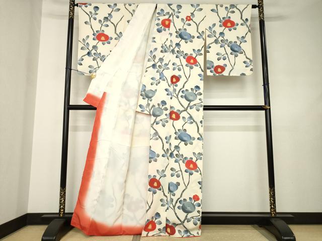 平和屋着物●上質な小紋　型染め　枝椿　正絹　逸品　AABJ5764ck