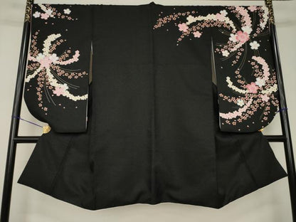 平和屋着物●小振袖　二尺袖　舞花文　黒地　金彩　洗える着物　AABJ5770ck