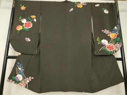 平和屋着物●小振袖　二尺袖　草花文　金彩　正絹　逸品　AABJ5774ck