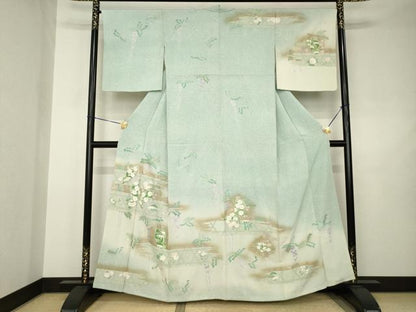平和屋着物●訪問着　刺繍　花蝶文　暈し染め　金彩　正絹　逸品　AABJ5781ck