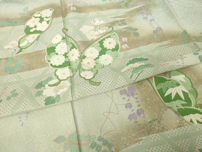 平和屋着物●訪問着　刺繍　花蝶文　暈し染め　金彩　正絹　逸品　AABJ5781ck