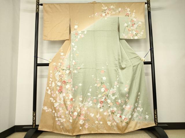 平和屋着物●訪問着　駒刺繍　扇面花文　暈し染め　金彩　正絹　逸品　AABJ5784ck