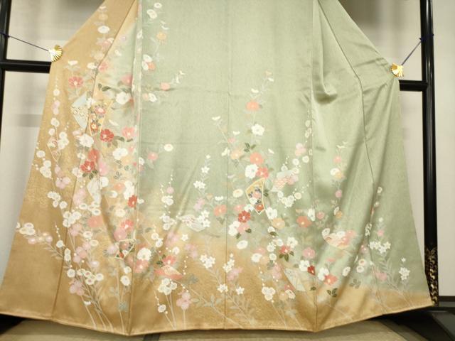 平和屋着物●訪問着　駒刺繍　扇面花文　暈し染め　金彩　正絹　逸品　AABJ5784ck