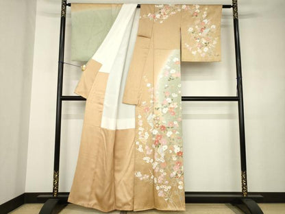 平和屋着物●訪問着　駒刺繍　扇面花文　暈し染め　金彩　正絹　逸品　AABJ5784ck