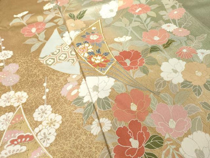 平和屋着物●訪問着　駒刺繍　扇面花文　暈し染め　金彩　正絹　逸品　AABJ5784ck